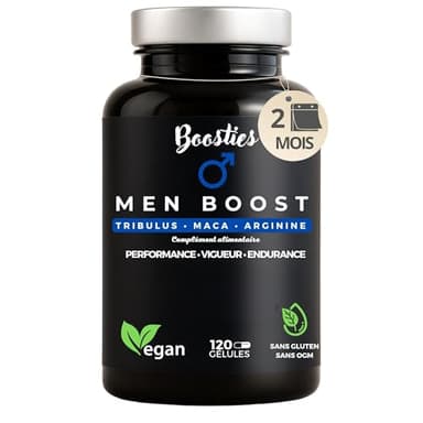 BOOSTIES Men Boost – Pre-Workout Sans Caféine • Tribulus Terrestris, Maca Noire, L-Arginine & L-Citrulline (Oxyde Nitrique) • Zinc & Vitamine B12 • Énergie, Endurance, Vigueur masculin – 120 Gélules