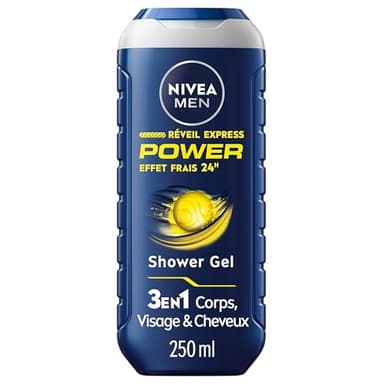 NIVEA MEN Gel douche Réveil Express Power (1 x 250 ml) — Soin lavant vivifiant enrichi en Infusion d'Agrumes — Gel douche homme 3 EN 1 — Soin nettoyant Corps Visage & Cheveux Effet Frais 24H