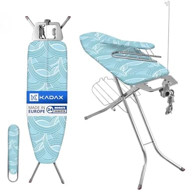 KADAX Table à Repasser pour Centrale Vapeur, Planche Pliable avec Support pour Fer, Prise de Courant, Étagère et Hauteur Réglable (120 x 38 cm, Bleu Clair)
