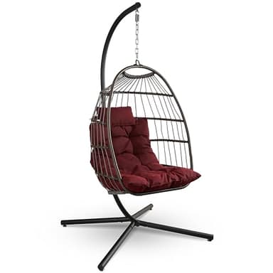 SereneLife Fauteuil Oeuf Suspendu avec Support – Rotin Tressé Pliable, Coussin Imperméable, Appui-Tête Confort pour Patio, Chambre, Véranda, Jardin