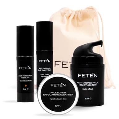 FETEN Set 360 Soin Visage Homme – Coffret Cadeau Homme 4-en-1 avec Exfoliant, Sérum Anti-Âge à la Vitamine C, Crème Hydratante & Soin Contour des Yeux Anti-Cernes