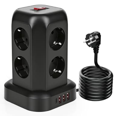 Glovios Multiprise avec Interrupteur, Tour Multiprise 8 Prises et 4 USB Parafoudre et Surtension avec Rallonge Electrique 1.8M, Mult Prise Convient pour Bureau et Maison