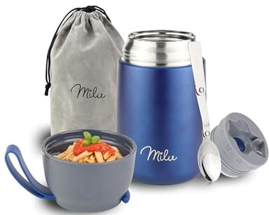Milu Boîtes Alimentaires Isothermes 450ml I 650ml I 800ml, Boîte Isotherme Repas Chaud Porte-Aliments en Acier Inoxydable à Double Couche, Cuillère Pliante pour Ecole, Bureau (650ml/Bleu marine)