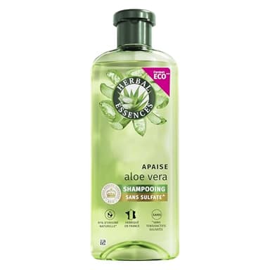 HERBAL ESSENCES - Sans Sulfate - Shampoing Hydratant 350ml Aloe Vera - Apaise, Hydrate, Nettoie et Nourrit Les Cheveux Très Secs - Parfum Jasmin, Sans Silicone ni Sulfate - Végan