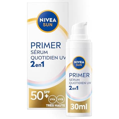 NIVEA SUN Sérum Primer Quotidien UV 2en1 SPF 50+ (1 x 30ml) — Sérum Visage hydratant enrichi en Acide Hyaluronique — Base de maquillage — Soin avec écran solaire visage SPF 50+ sans parfum