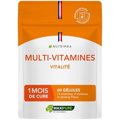 Multivitamines et Minéraux – Avec Ginseng - Vitamines A, B1, B2, B3, B5, B6, B8, B9, B12, C, D3, E, Magnésium, Sélénium et Zinc - Energie, Vitalité, Immunité - Fabrication Française - Nutrimea