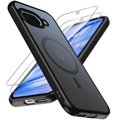 Natbok Magnétique Coque pour Google Pixel 9a, Coque Pixel 9a Compatible avec Magsafe avec 2 Verre Trempé, Étui Translucide Mat Arrière Anti-Rayures Fine Housse Protection Case pour Pixel 9a, Noir