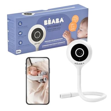 BÉABA, Ecoute Bébé Vidéo, Babyphone Zen Connect, Caméra Full HD 1080p, Talkie-Walkie, Longue Portée, Connexion Mobile et Wifi, Berceuses, Tige flexible