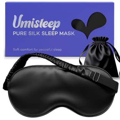 Umisleep Masque 100% Pure Soie, Matière Douce et Lisse 22 Momme 6A, Masque de Nuit Respirable pour Femmes et Hommes, Bonne Opacité Bandeau Yeux Sommeil, Avec Étui de Voyage, Sangle Réglable (Noir)