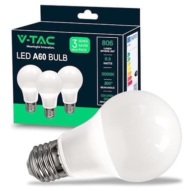 V-TAC 3x Ampoules LED E27 8,5W (équivalent 60W) A60-806 Lumen - 3000K Blanc Chaud - Ouverture du faisceau lumineux 200° - Ampoule Led Efficacité Maximale et Économie d'Énergie - (Lot de 3)