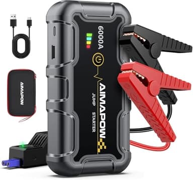 AIMAPOW Booster Batterie Voiture 6000A, Démarreur de Voiture 12V (Jusqu’à Tout Gas ou 10.0L Diesel), Booster de Batterie, Jump Starter Portable avec Pinces de Sûreté Intelligentes, Lampe LED (A20)