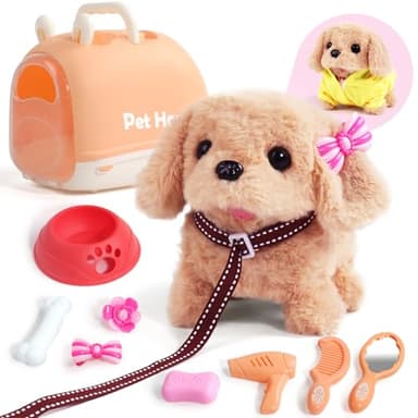 TONZE Chien Enfant Jouet Fille 2 3 4 5 Ans Chien Interactif Robot Set avec Mallette de Transport, Laisse et Cape Mignonne, Peluche Qui Marche et Aboie Jouet Enfant 2 3 4 Ans
