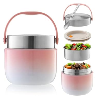BUCOMTU Récipient isotherme pour aliments Capacité 1200ml Récipient de maintien au chaud Bol isotherme pour repas avec couvercle Boîte à lunch pour la conservation du,Soupes,Bouillie (Rose)