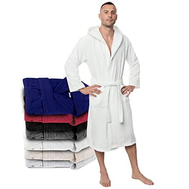 Twinzen Peignoir de Bain Homme - L - Blanc - 100% Coton avec Capuche - Certifié OEKO-TEX® - Robe de Chambre Eponge 2 Poches, Ceinture - Doux, Absorbant et Confort