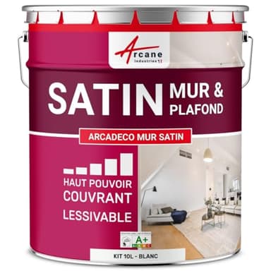 ARCANE INDUSTRIES Peinture Murale Interieur | Peinture Mur et Plafond satinée | Blanche ou teintée : Arcadéco Mur Satin - 10 L Blanc