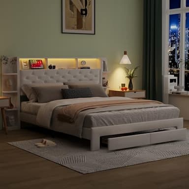 HYNHXBP lit 140x200 avec sommier,lit Double avec 2 tiroirs,tête de lit avec éclairage LED et Chargement USB, Tables de Chevet,Velours(Blanc2, 140 x 200 cm)