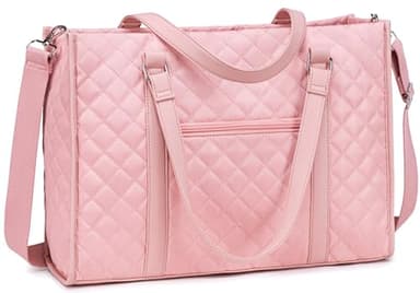 Sac fourre-tout pour ordinateur portable pour femme - Sac à bandoulière en toile de 15,6 pouces - Sac à main pour enseignant - Mallette de bureau, Matelassé Rose