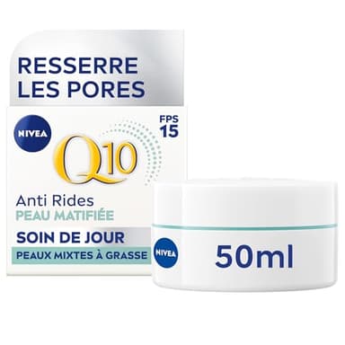 NIVEA Q10 Pores Resserrés Soin de Jour FPS15 (1x50 ml), crème anti rides enrichie en Q10 Pur, crème anti-âge & anti brillance, soin visage matifiant peaux mixtes à grasses