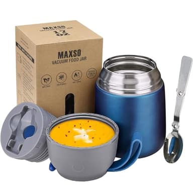LOGEEYAR Boîtes Alimentaires Isothermes, Boîte Isotherme Repas Chaud Porte-Aliments en Acier Inoxydable à Double Couche, Thermoisolant Boîte avec Cuillère Pliante pour Ecole, Bureau, 500ml Bleu