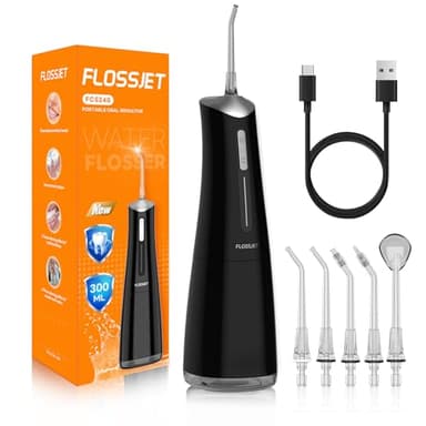 FlossJet Jet Dentaire Hydropulsuer Professionnel,Irrigateur Oral de 300ML,5 Buses 4 Modes USB Chargé Étanche IPX7,Jet Dentaire de Voyage,Hydropulseur Dentaire Sans Fil Portable Water Flosser(Noir)