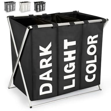 Virklyee Panier à Linge 3 Compartiments 100L Panier à Linge Pliable Triple X-Frame Tissu Oxford 600D avec Housse en Maille à Cordon à 2 anses pour Maison Vêtements Rangement(Noir)