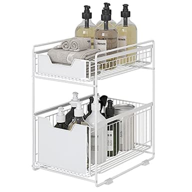 CarolynDesign Tiroir de rangement sous évier à 2 étages pour cuisine et salle bain, panier coulissant en métal, bureau maison avec revêtement blanc
