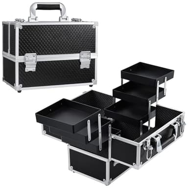 Mallette à Maquillage Valise Maquillage Coffret Rangement avec Doubles Serrures Maquillage Aluminium Boîte de Cosmétique Organiseur Professionnel Beauté Cas Vanité Grande (Noir)