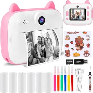 Appareil Photo Enfant Instantanée - 2,4" HD 1080P - Appareil Photo Numérique Instantané,avec Papier d'impression & Carte TF 32G, Caméra Vidéo avec Stylos Colorés pour Le Bricolage
