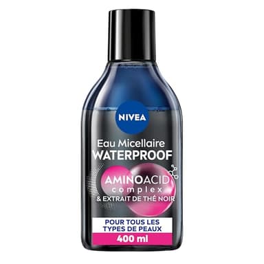 NIVEA - Eau Micellaire Waterproof - Visage, Yeux, Lèvres - Nettoie Les Pores & Démaquille - Doux Pour Les Cils - Micelles, Acide Aminé & Extraits De Thé Noir - Vegan - Tous Types De Peaux - 400 ml