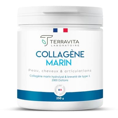 COLLAGÈNE MARIN Breveté en Poudre | 250 Grammes de Peptides de Collagène Purs de Type 1 | Articulations Souples, Peau Lisse et Hydratée | Goût Neutre | Filière 100% Française | Terravita