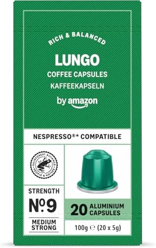 by Amazon Capsules de Café Lungo en Aluminium Compatibles avec Nespresso, Torréfaction Moyenne, 20 Capsules – Certifiées Rainforest Alliance