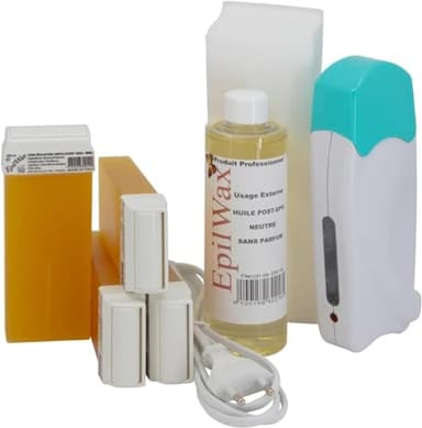 EpilWax - Kit Chauffe Cire Épilation Professionnelle avec 4 x Recharges Roll on Cire Miel, 100 x Bandes d'Épilation et Huile après Épilation - Gamme Solo Basique