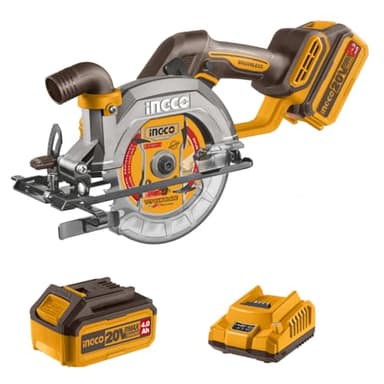 INGCO Scie Circulaire Sans Fil 20V, Moteur Sans Balais, Diamètre 140mm, 6300tr/min Max Coupe 50 mm (90 °), 33 mm (45 °) 140mm avec 1 Batterie 4,0 Ah et Chargeur CSLI14021