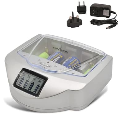 FISHTEC - Chargeur Universel de Piles Rechargeables - LR3 LR6 LR14 LR20 9V - LCD et voyants LED - Ni-MH Ni-CD et alcalines jusqu'à 10 recharges - Maison Bureau économies éco-responsables