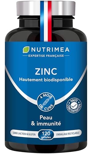 ZINC Citrate - Formule 100% Pure - Haute Absorption - Aide à Lutter Contre l'Acne - Apporte 40 mg de dont 12,5 mg de Zinc Élément (Zn) - 120 Gélules Vegan - Nutrimea - Fabriqué en France