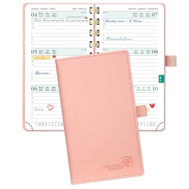 POPRUN Agenda De poche 2025 2026 Semainier 16,5 x 9 cm D'Août 2025 à Déc 2026 - Petit Planner Scolaire 17 Mois avec Couverture Souple Spirale, Fente Pour Carte, Papier 80g/m², Rose
