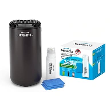 THERMACELL Diffuseur + Recharge Anti Moustiques et Moustiques Tigres - Extérieur, Jardin, Terrasse - sans Fil - Protection Efficace 20 m²- Durée 132h - 11 Cartouches Gaz + 33 Plaquettes - Noir