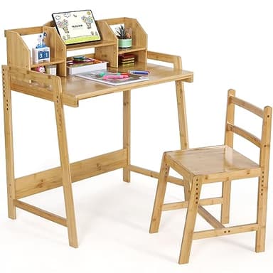 MAMIZO Bureau Enfant en Bambou, Ensemble Chaise Réglable, Support de Livre, Table pour l'Étude et le Travail, Couleur du Bois