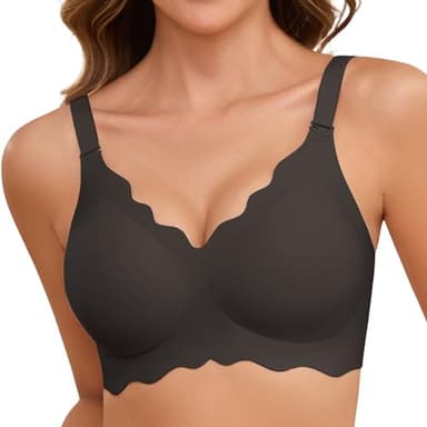 Lonya Soutien Gorge sans Armature Femme Push up Brassiere Col en V avec Coussinets Bralette Fil à Bords Ondulés sans Coutures Classiques Brassière Maintien Noir Clair,L