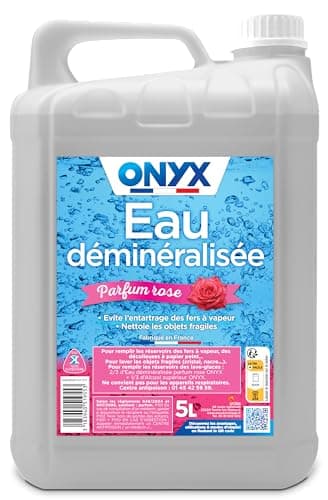 Onyx - Eau Déminéralisée - Fer à Repasser, Lisseur à Vapeur, Décolleuse à Papier Peint, Auto - 100% d’Ingrédients d’Origine Naturelle - Fabrication Française - 5L - Parfum Rose