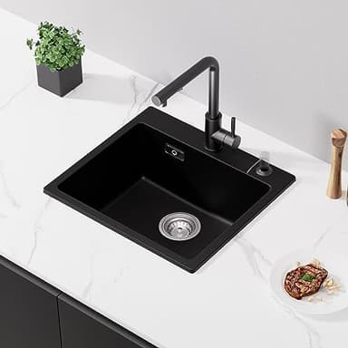 CECIPA Evier Noir 50x45cm, Évier Cuisine en Granit, Cuve Simple, 80% Sable Quartz Évier Cuisine, Siphon et Trop-plein Inclus
