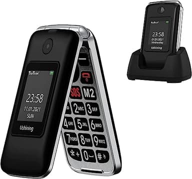 Tosaju 2G Téléphone Portable Senior Clapet Débloqué avec Grandes Touches, Téléphone pour Personnes âgées avec Haute Volume Station de Charge Torch Fonction SOS Double Écran (2,8” et 1,77”) Noir