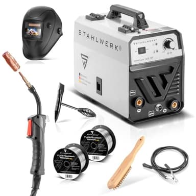 STAHLWERK Mini FLUX 120 ST Poste de soudage à fil fourré entièrement équipé avec dévidoir synergique pour fil d'apport 0,6 | 0,8 | 0,9 | 1,0 mm, onduleur compact avec véritable 120A Soudage sans gaz