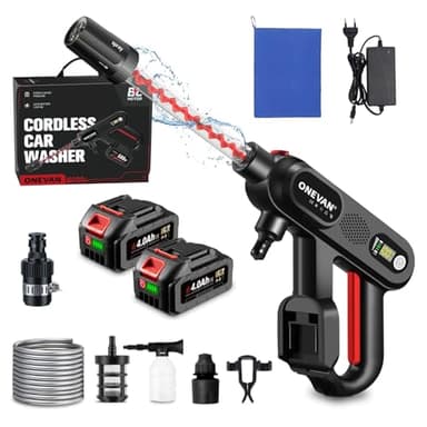 ONEVAN Nettoyeur Haute Pression sans Fil, 80bar Mini Nettoyeur Haute Pression sur Batterie 2x4,0Ah, écran LCD, buse 5 en 1, Pistolet Haute Pression avec Tuyau de 5 m, Bouteille de Mousse, Filtre