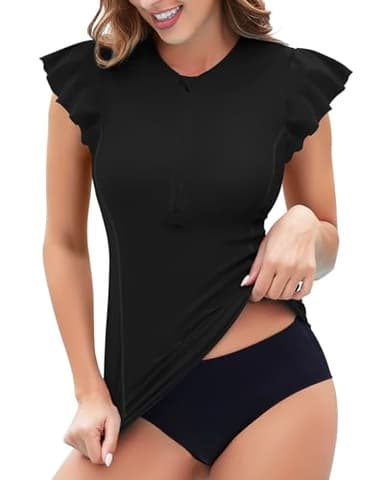 WOWENY Maillot de Bain Anti-UV pour Femme - Manches à Volants - avec Fermeture éclair 1/4 - Rash Guard - Tankini - Haut pour Femme Noir L