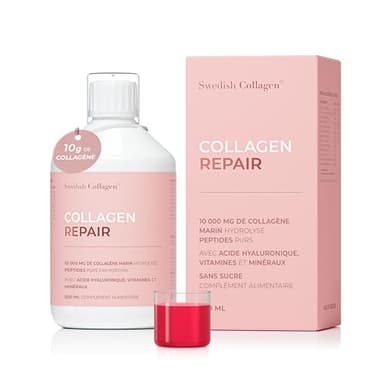 Swedish Collagen Repair | Supplément liquide de collagène marin hydrolysé 10 000 mg - 500 ml, 20 jours d'approvisionnement. Acide hyaluronique, biotine et vitamine C pour des cheveux, une peau, des