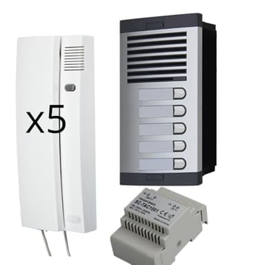 Interphone automatique avec système analogique 4+n, pour communautés complet : plaque de rue, téléphones, boîte d'encastrement et source d'alimentation. Haute qualité de fabrication (5 logements)