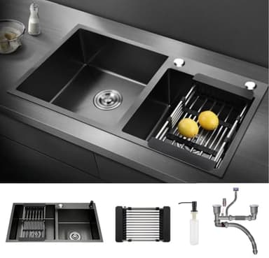 HaTur Evier de Cuisine en Acier Inoxydable Évier Double Bac avec 2 Trous de Montage Evier de Cuisine Kit, 78 * 43 * 20 cm (Noir)