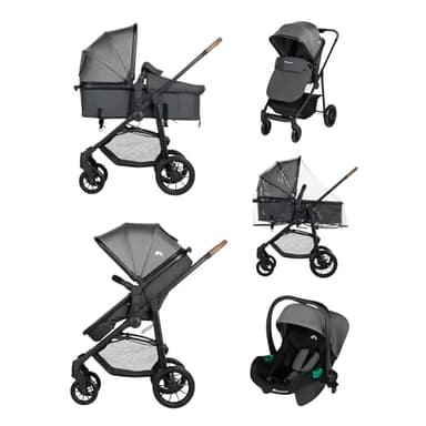 Bebeconfort Haze Trio, Poussette 3 en 1, 0-4 ans, 22 kg max, assise 2-en-1, poussette réversible et légère, siège auto bébé i-Size, pliage compact, panier spacieux, Tinted Stone