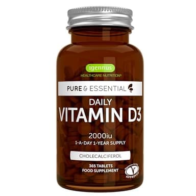 Vitamine D3 Quotidienne 2000 UI Cholécalciférol, 1 par jour, Cure d’un an, Formule Pure, Défenses Immunitaires, Soutient des Os, Dents & Muscles, 365 Petits Comprimés Végétariens, par Igennus